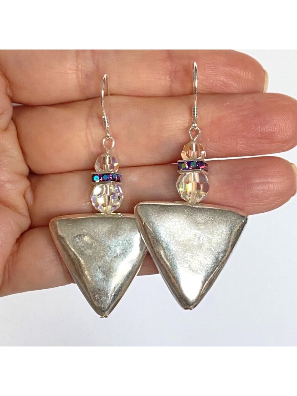 Triangles Swarovski Crystal Statement Dangle Pierced Earrings Silver Plate Hooks